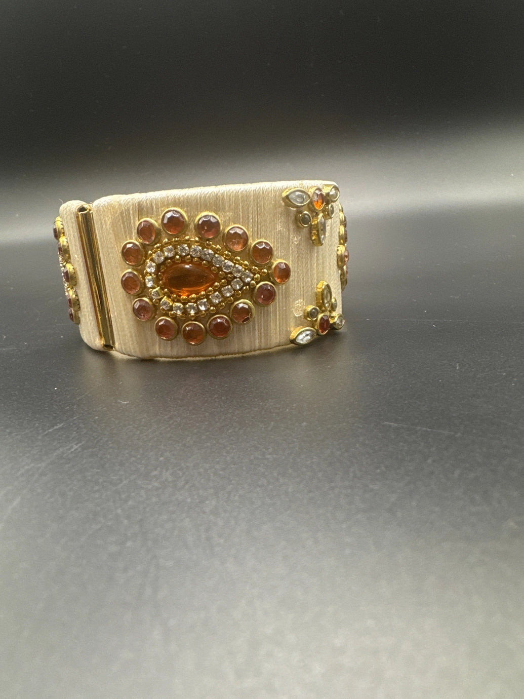 Beige Silk Thread Kundan Kada Bracelet - Open-Close Wide Ethnic Bangle for Festival & Casual Wear, Gold-Tone Kundan Stone Work for Women Girls Kids - Beige