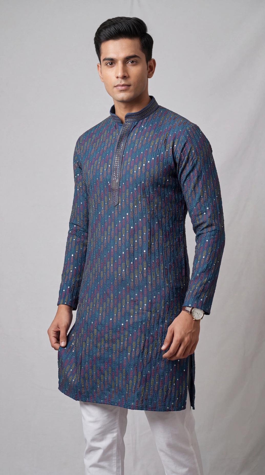 Men’s Blue Cotton Kurta with Multicolor Embroidery and Gold Sequins (Pareek) - Traditional Ethnic Wear - Blue