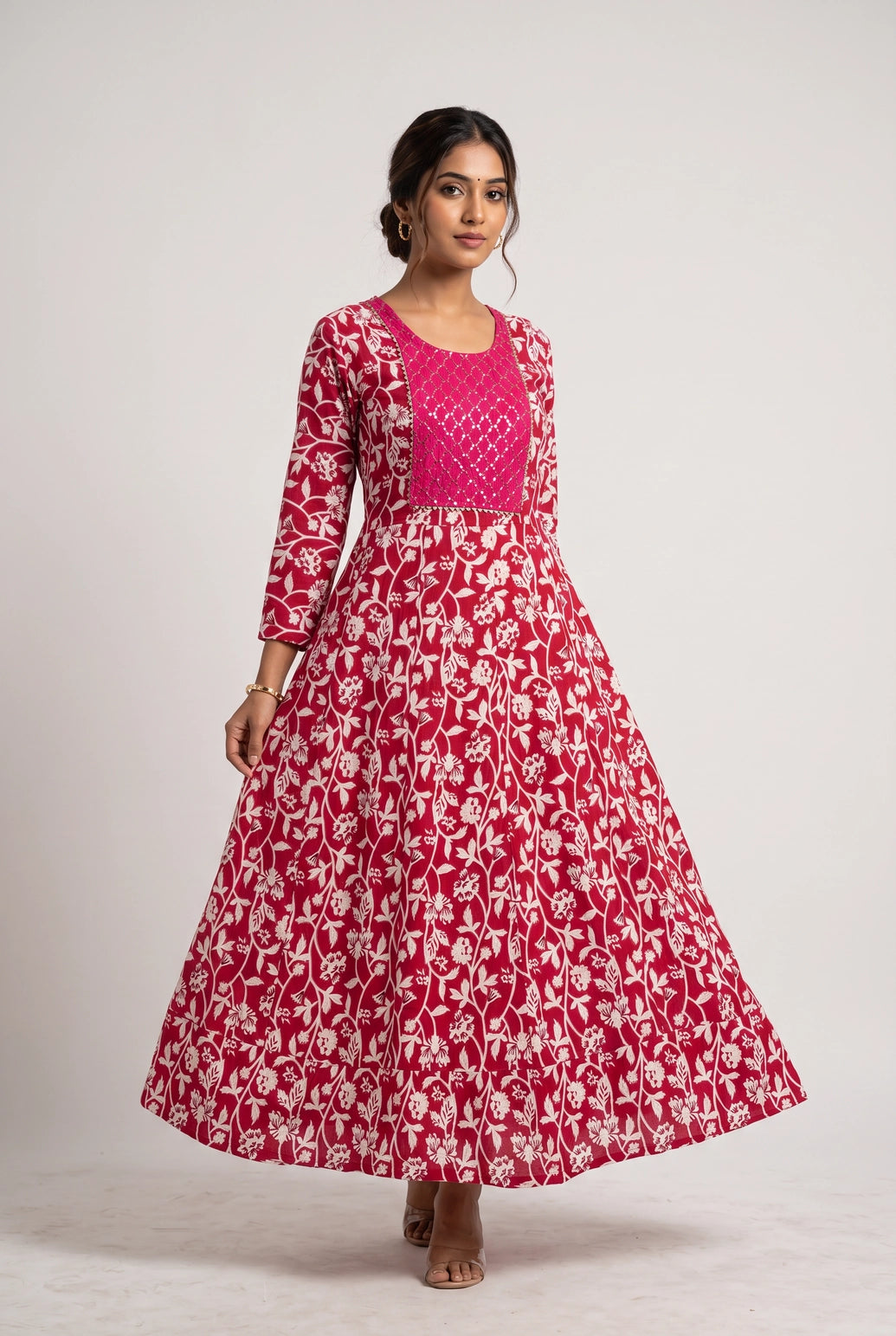 Pink Cotton Anarkali Kurti Gown with Dori Design, Geometric & Floral Print and Silver Sequin Detailing - Pink