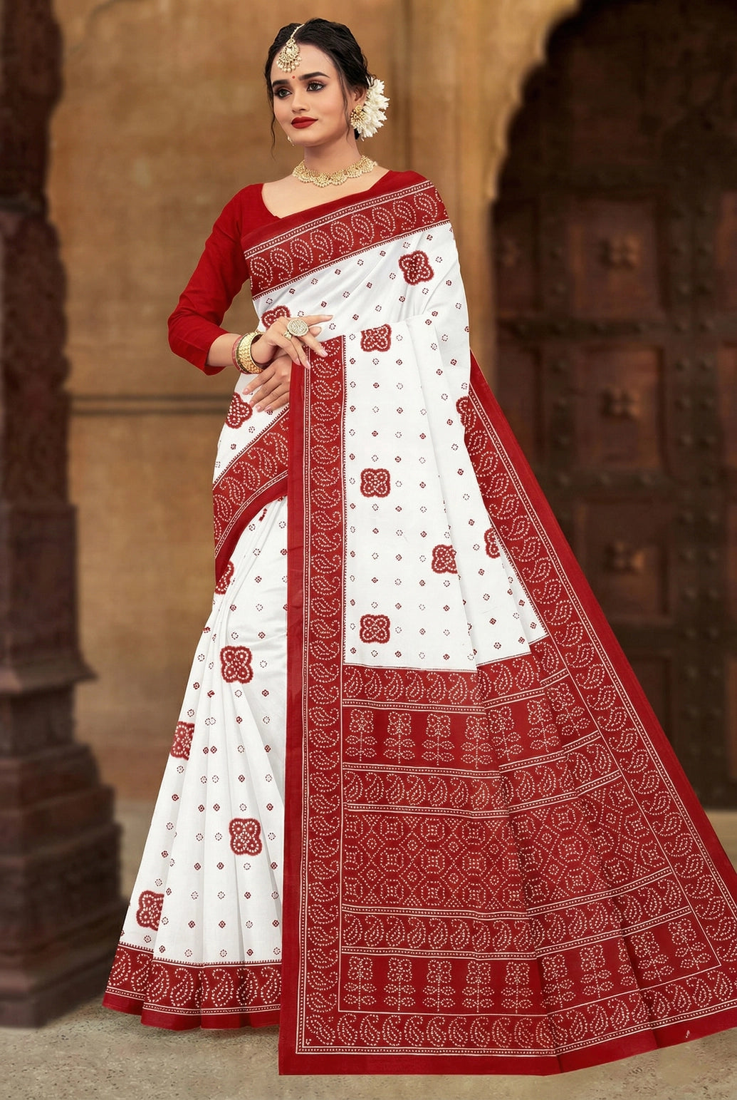 Ajmera Fashion Red Velvet Pure Cotton Printed Saree with Red Border, White Base, Unstitched Blouse Not Included - White
