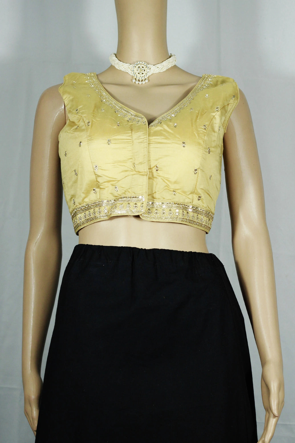 Sandal Readymade Padded Designer Blouse with Deep Neck Zari Border, Sleeveless with Back Knot - Sandal