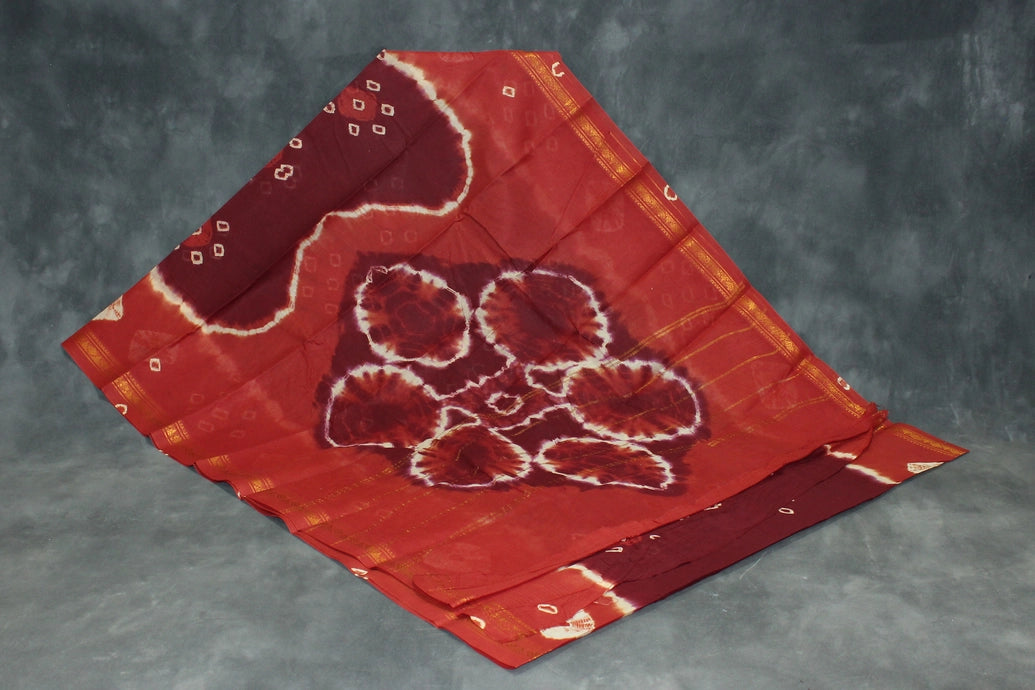 Maroon Bandhani Sungudi Cotton Saree with Golden Zari Border - 5.5m Saree JCS Fashions Maroon 5.5 meters