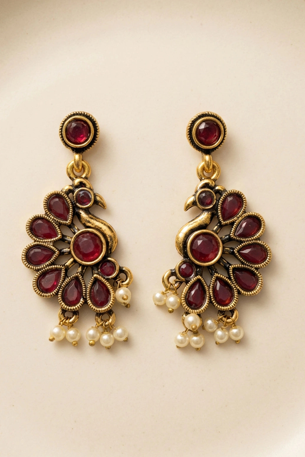 Maroon Pearl Drop Gold-Tone Stud Dangler Earrings for Traditional Ethnic Wear - Maroon