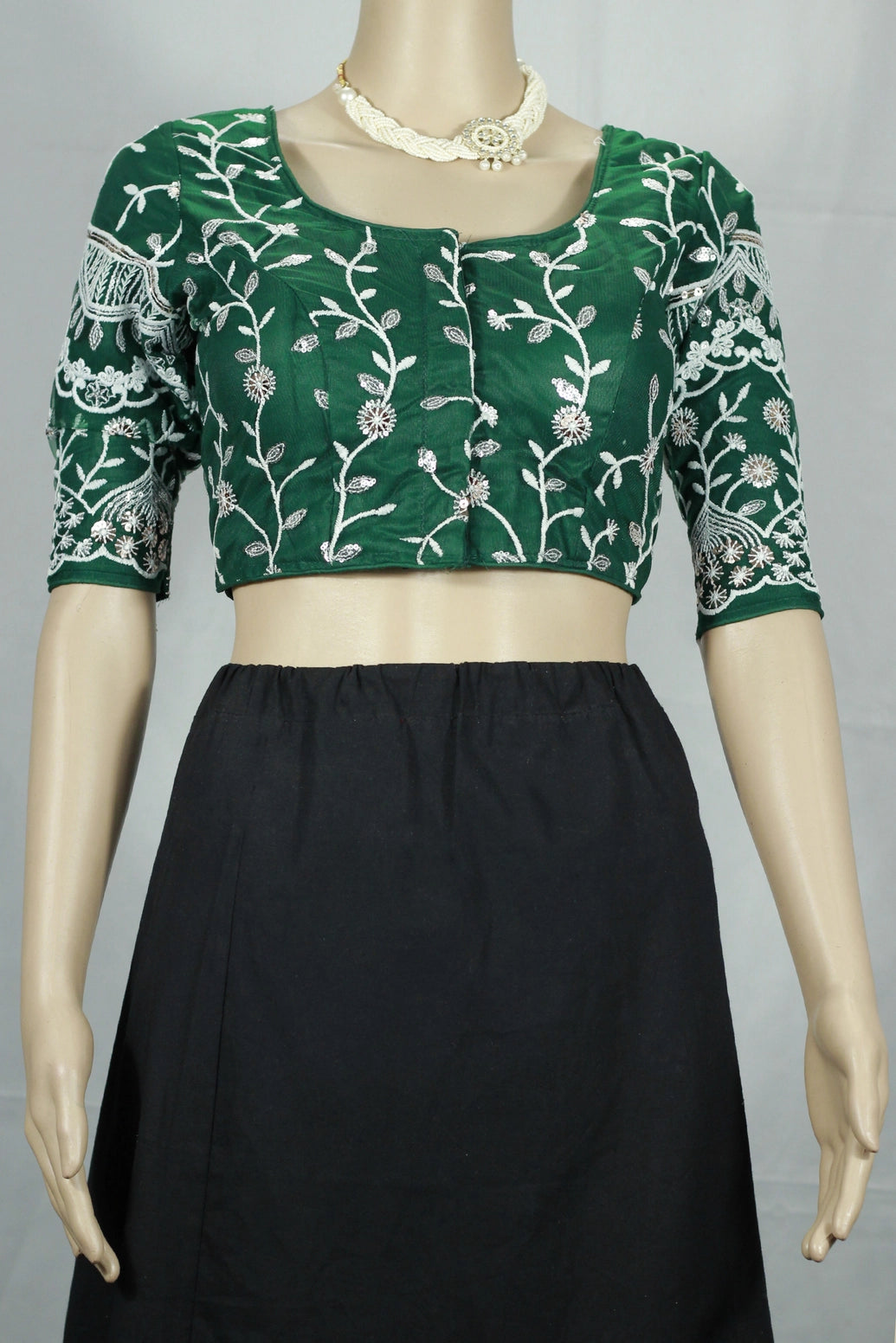 Green Designer Padded Blouse with Aari Work Floral Embroidery, Elbow Sleeves and Back Knot, Fully Stitched - Green