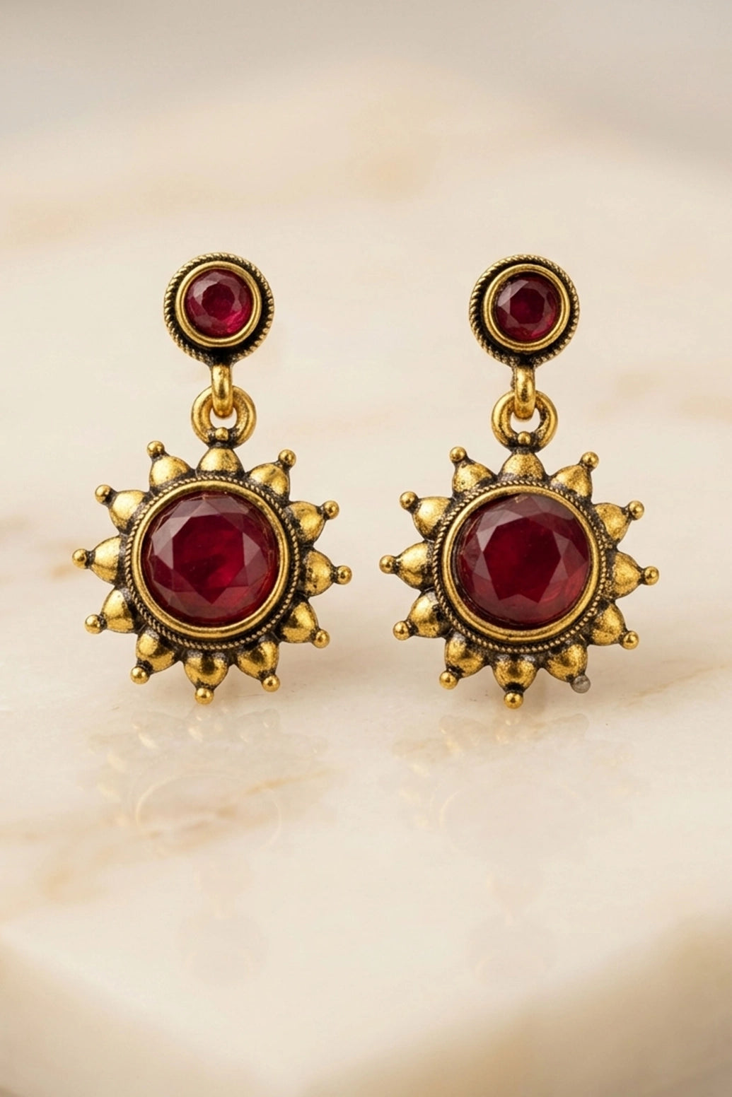 Maroon Stone Gold-Tone Drop Earrings with Sunflower Antique Finish for Traditional Ethnic Wear - Maroon