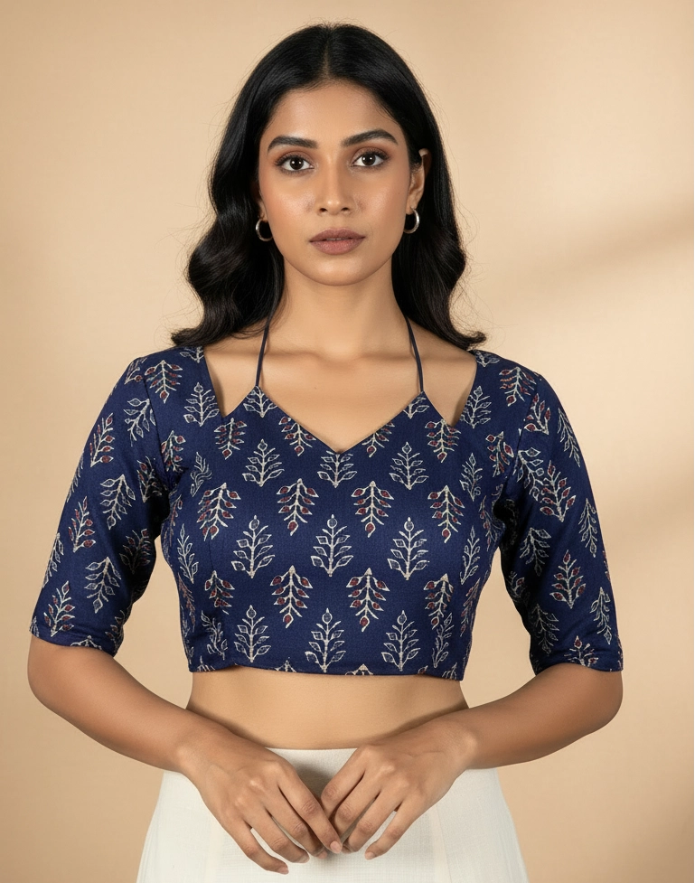 Navy Blue Floral Leaf Cotton Padded Readymade Blouse with Back Knot, Elbow Sleeves, Fully Stitched - Navy Blue