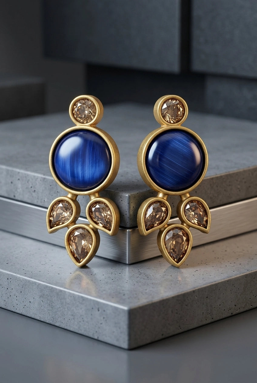 Blue Stone Teardrop Drop Stud Earrings, Gold-Tone Round Center with Crystal Accents for Women - Blue