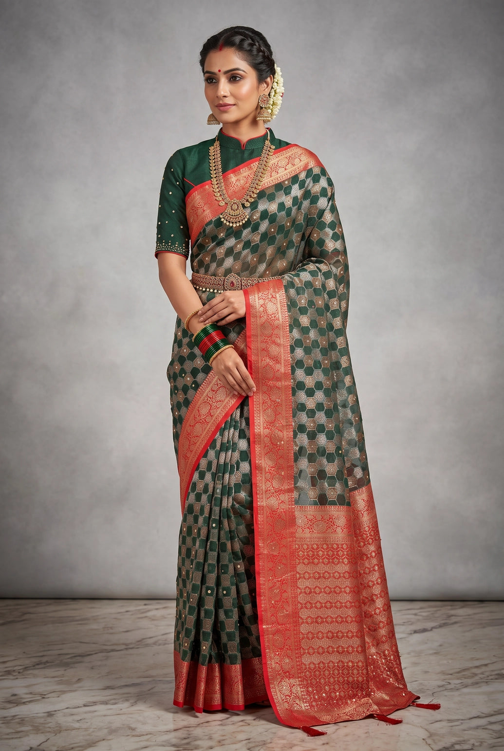 Bottle Green Cotton Organza Designer Saree with Floral Pallu Stone Work, Red Border and Blouse - Bottle Green