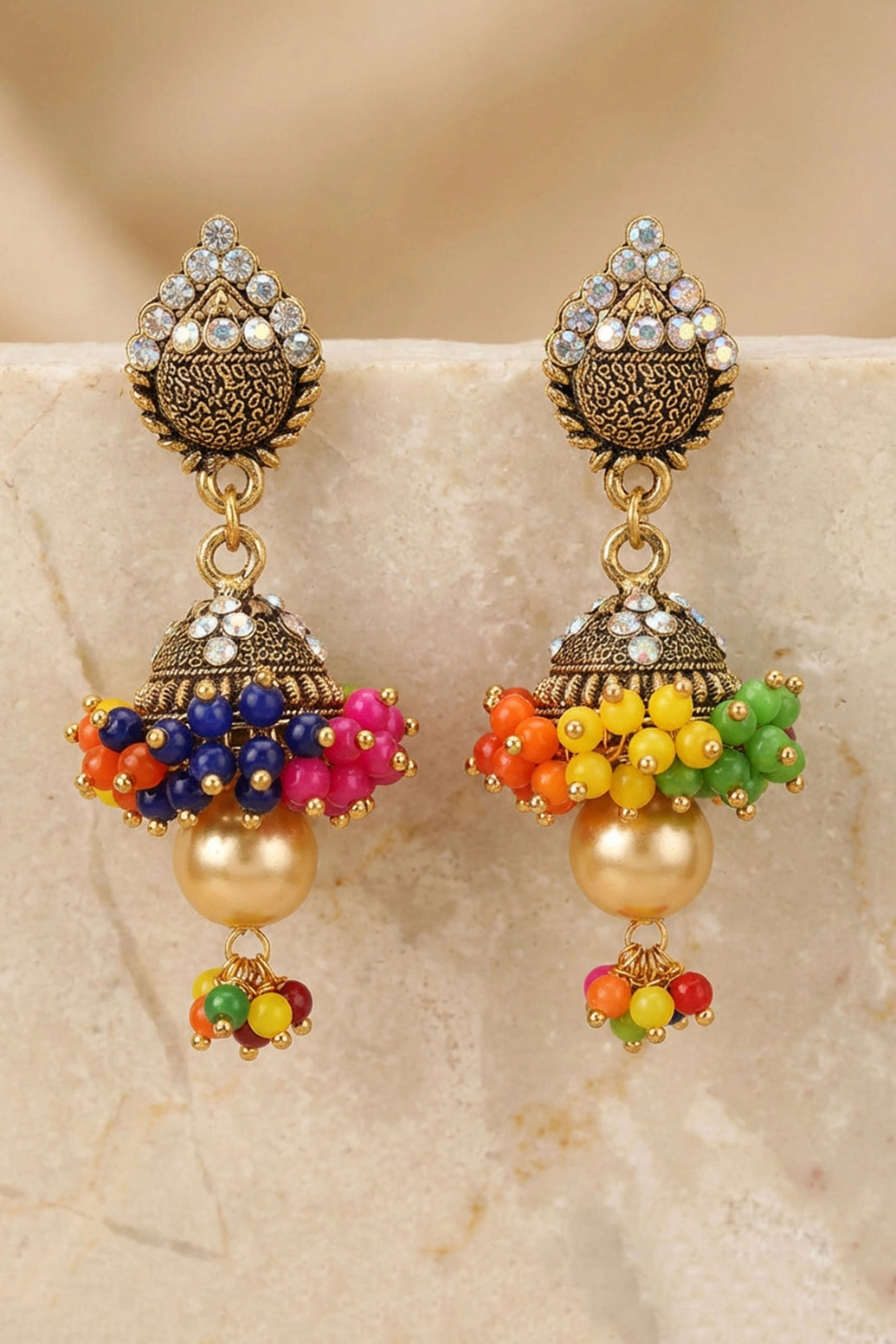 Traditional Multi-Color Jhumka Earrings with Gold-Tone Dome Design and White Stones, Beaded Danglers - Multi color