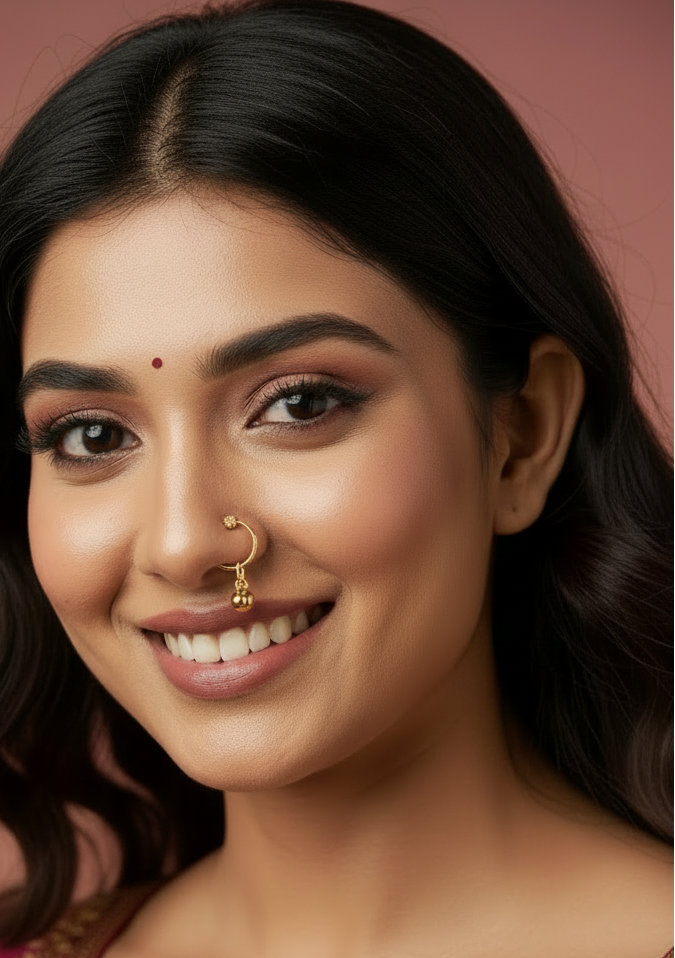 Gold-Tone Traditional Nath Nose Ring with Beaded Drops