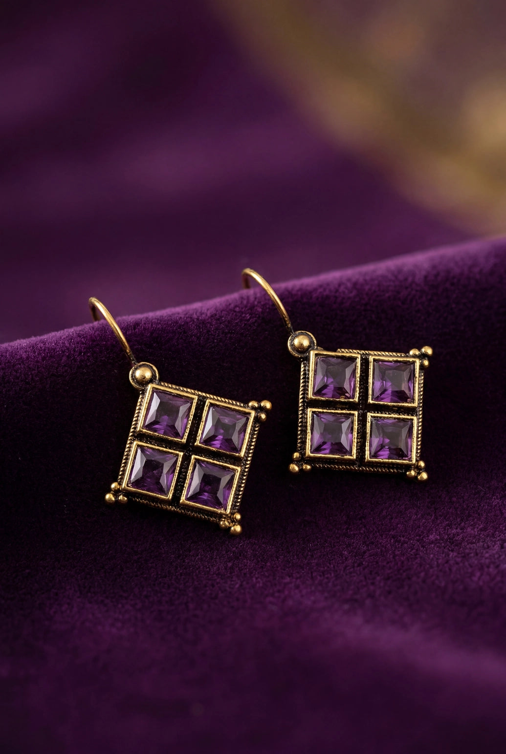 Purple Stone Gold-Tone Square Drop Hook Earrings for Women, Modern Elegant Fashion Jewellery - Purple