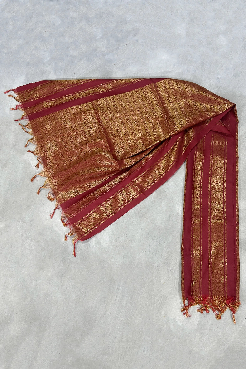 Maroon Ponnadai Poly Silk Jacquard Shawl with Zari Pattern and Tassels for Temple and Functions - Maroon