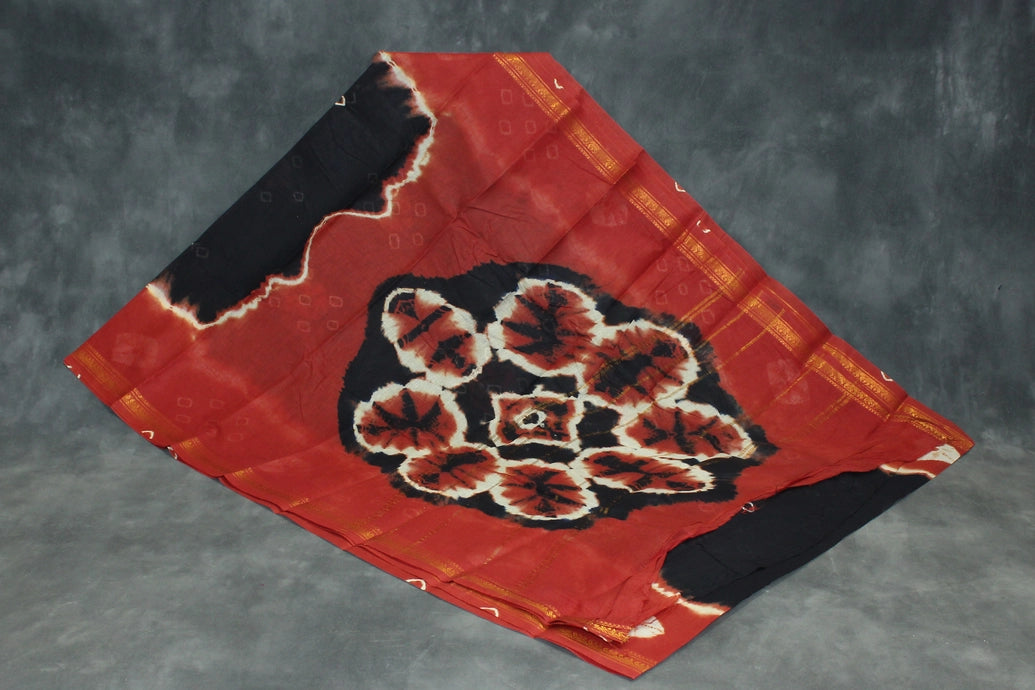 Sungudi Cotton Bandhani Saree with Golden Zari Border - Black & Brown Saree JCS Fashions Black & Brown 5.5 meters
