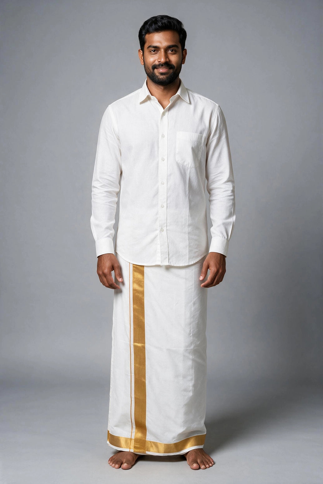 Men's White Cotton Double Dhoti with Gold Zari Border (4 Mtr) - Traditional Wedding & Temple Wear - Gold