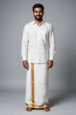 Men's White Cotton Double Dhoti with Gold Zari Border (4 Mtr) - Traditional Wedding & Temple Wear