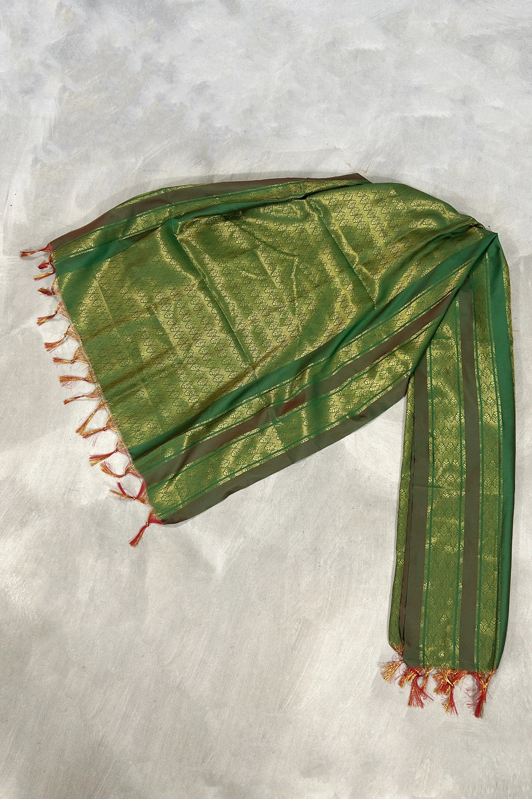Green Ponnadai Poly Silk Jacquard Temple Shawl with Tassels | 2 Meter Traditional South Indian Dupatta - Green