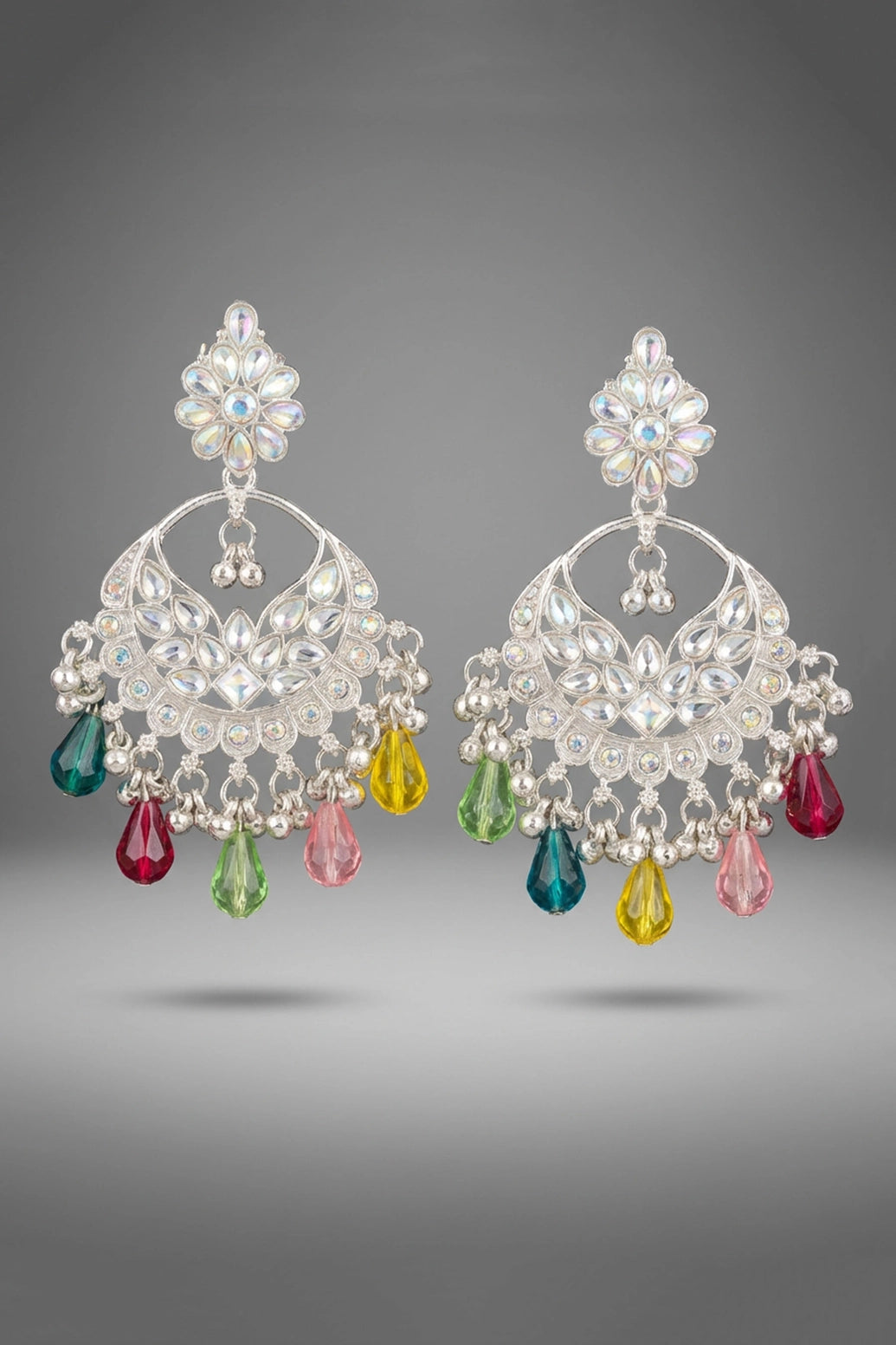 Multi Color Silver-Tone Floral Stud Moon Hoop Earrings with Bead Danglers for Women - Multi color