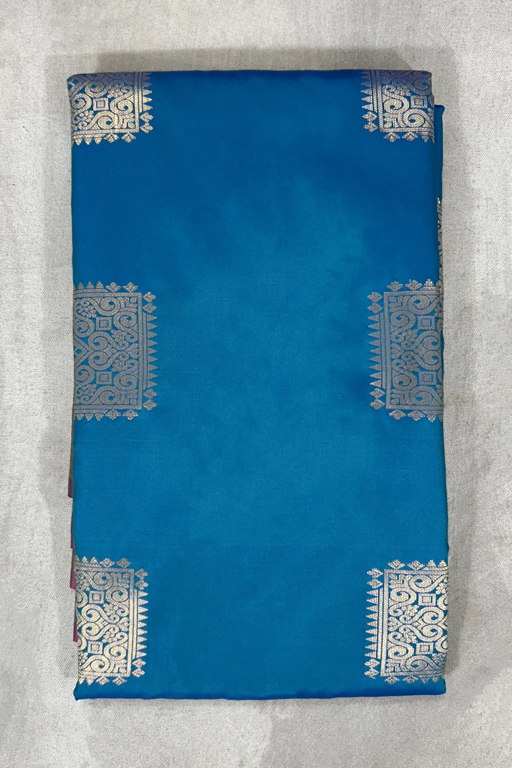 Peacock Blue Soft Silk Saree with Gold Zari Buttas and Traditional Floral Border - Peacock Blue
