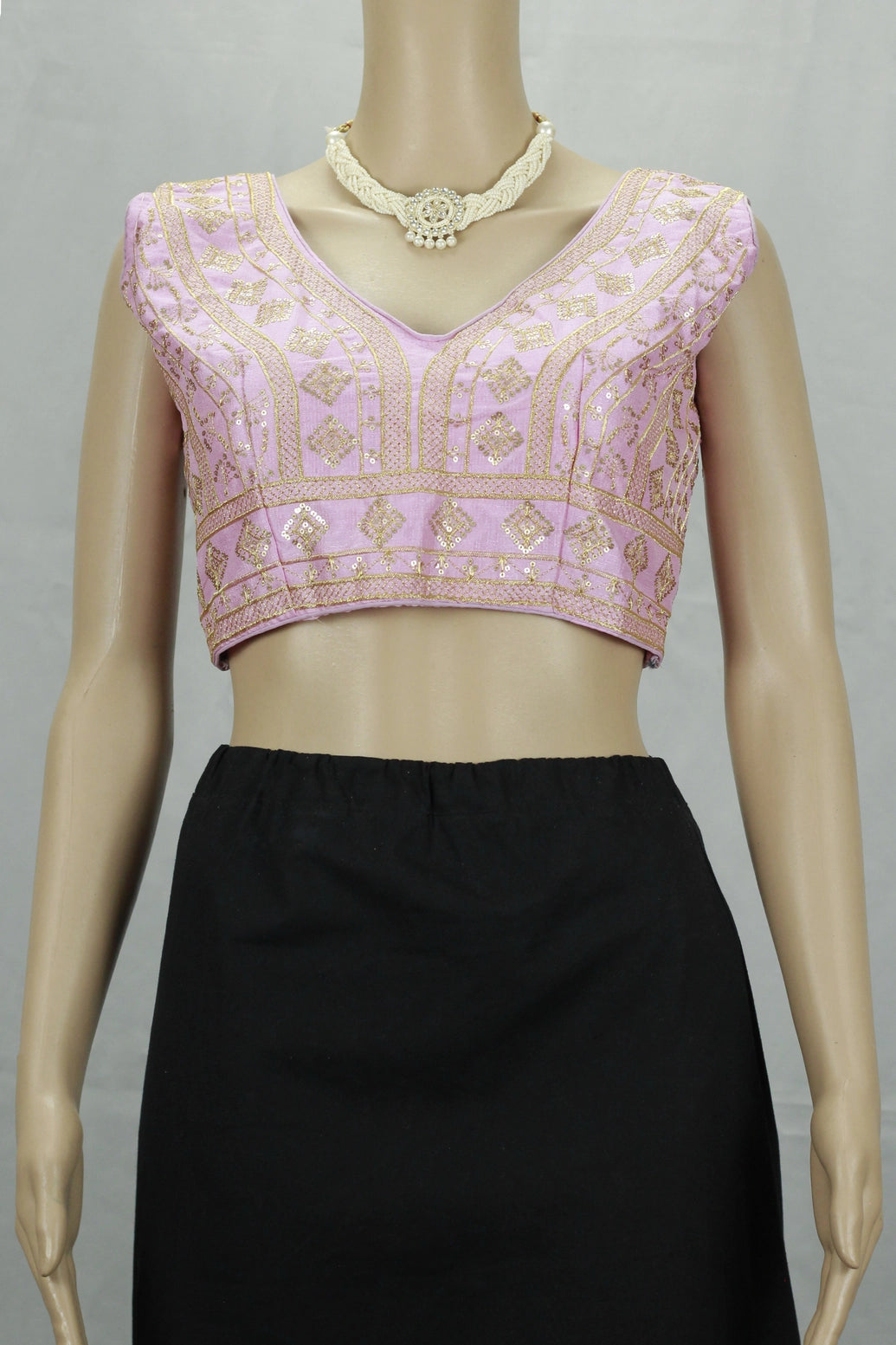 Lavender Padded Designer Sleeveless Blouse with Heavy Gold Embroidery and Sequins, Back Tie Knot - Lavender