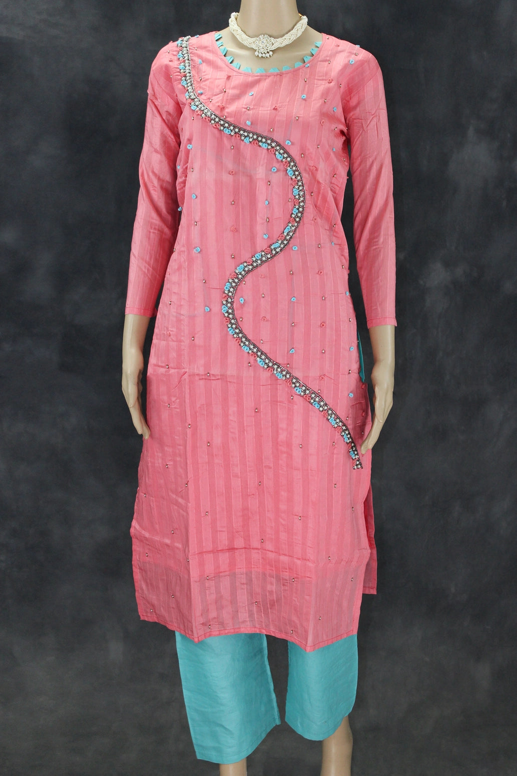Pink Silk-Cotton Embellished Kurti Set with Pearl Beads, Aari & Thread Work - Top with Elastic Pant Kurti JCS Fashions Pink Medium (38)