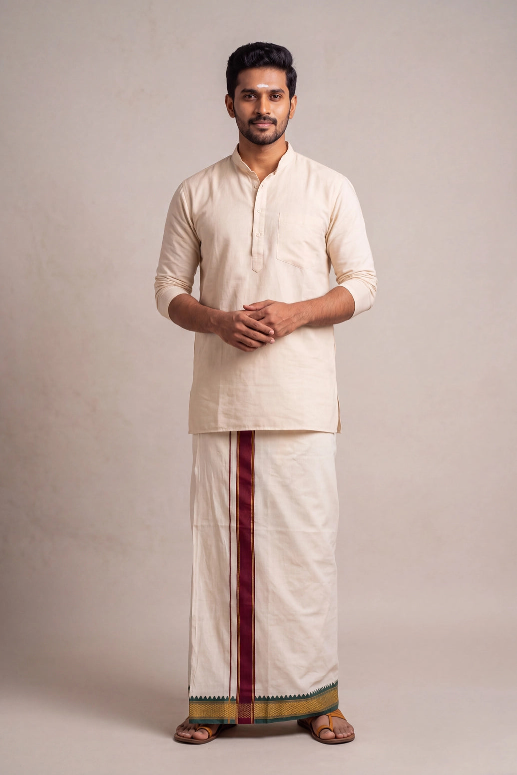 Men’s Off-White Cotton Dhoti with 1-inch Coloured Thread Border (2 Metre Single) - Traditional Wear