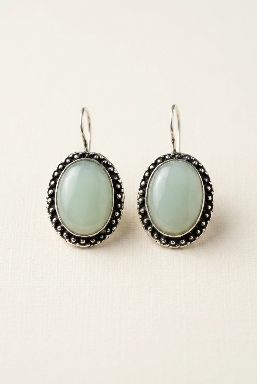 Oxidized Silver-Tone Oval Stone Drop Earrings, Dotted Antique Border, Pastel Green/Pink