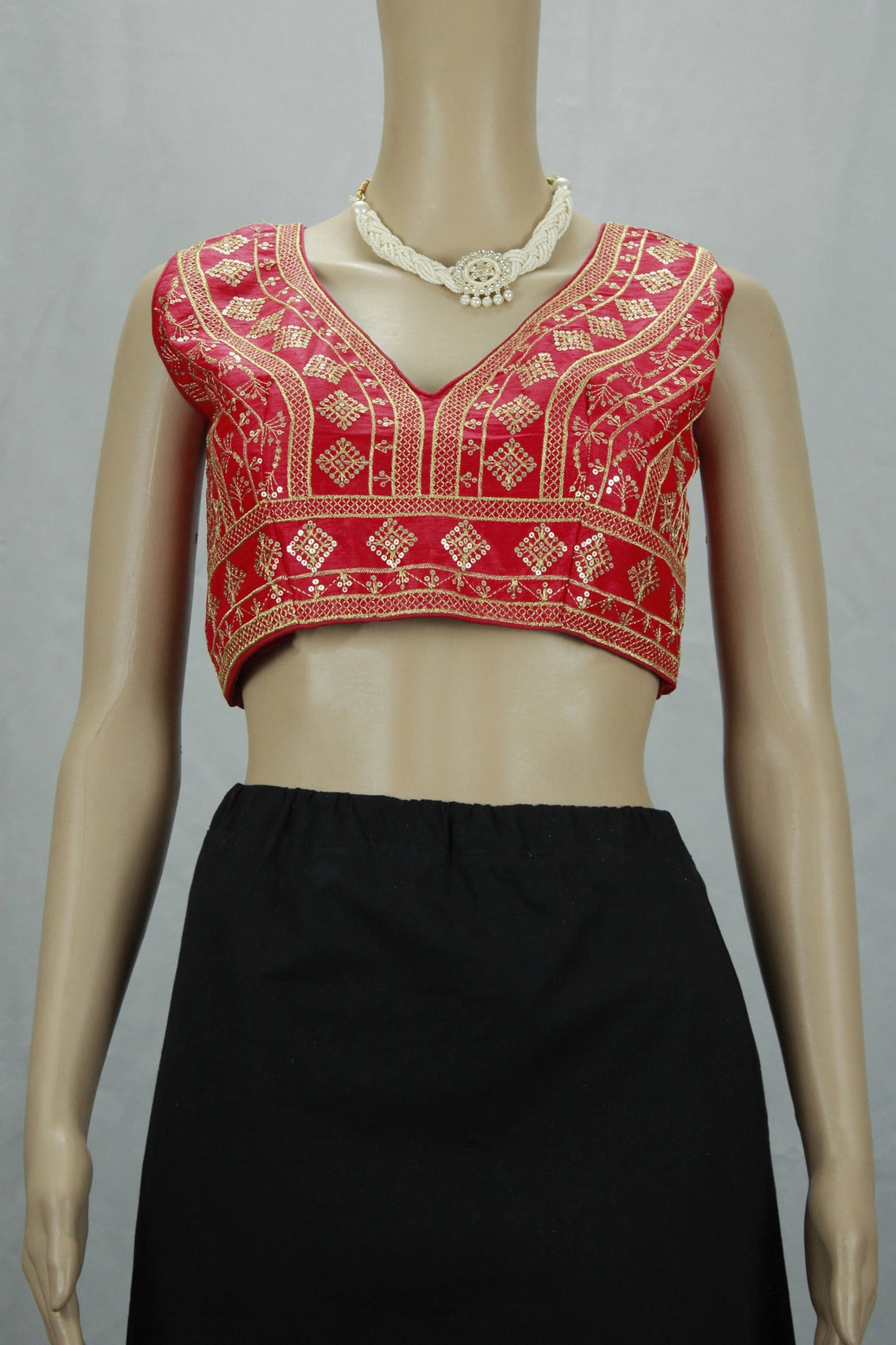 Readymade Designer Padded Blouse, Fully Stitched, heavy gold thread embroidery and sequin work, Sleeve less, back knot, Upper Bust-40, Bu - Red