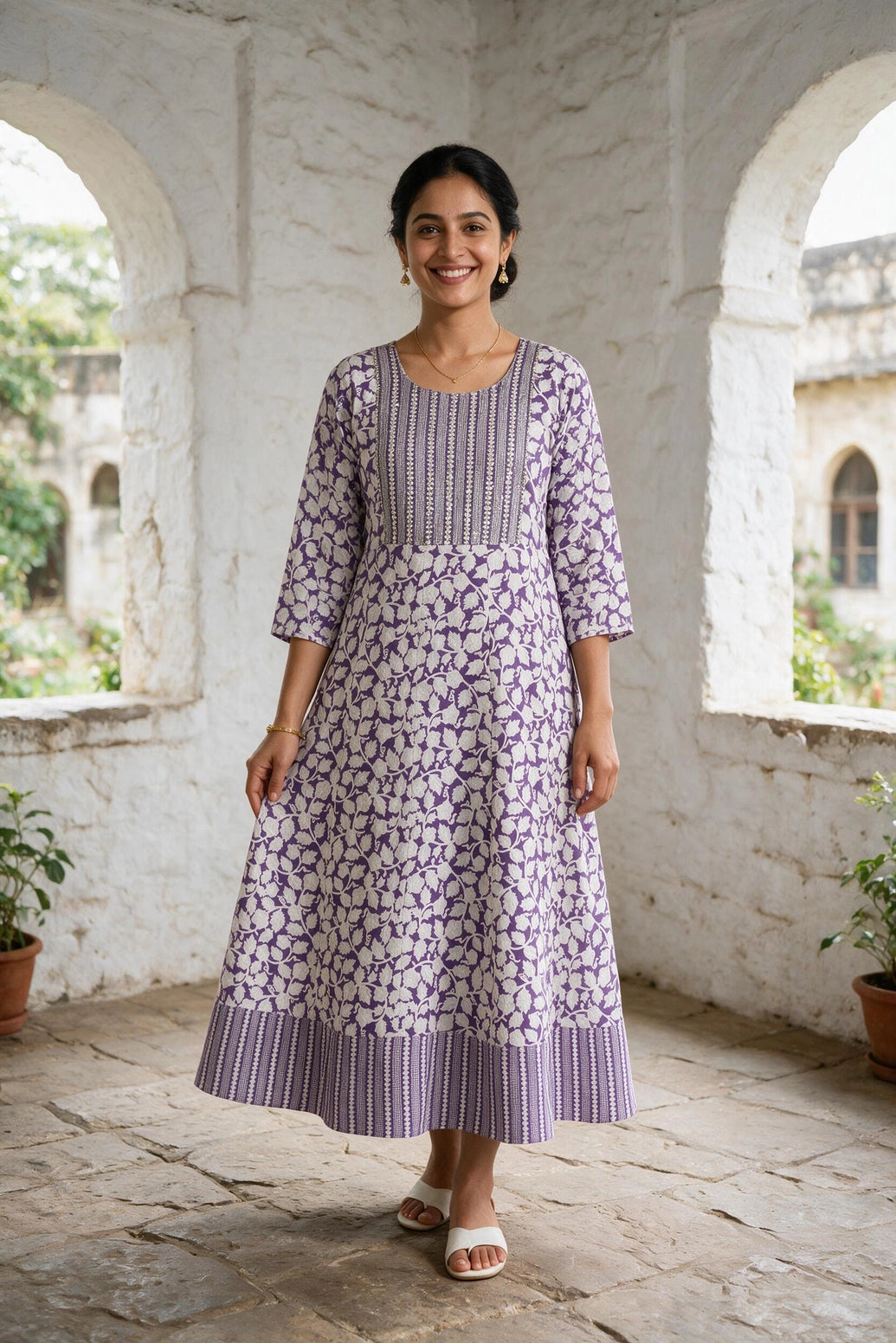 Lavender Cotton Anarkali Kurti Gown with Geometric Floral Print & Silver Sequin Stripe Detail - Lavender