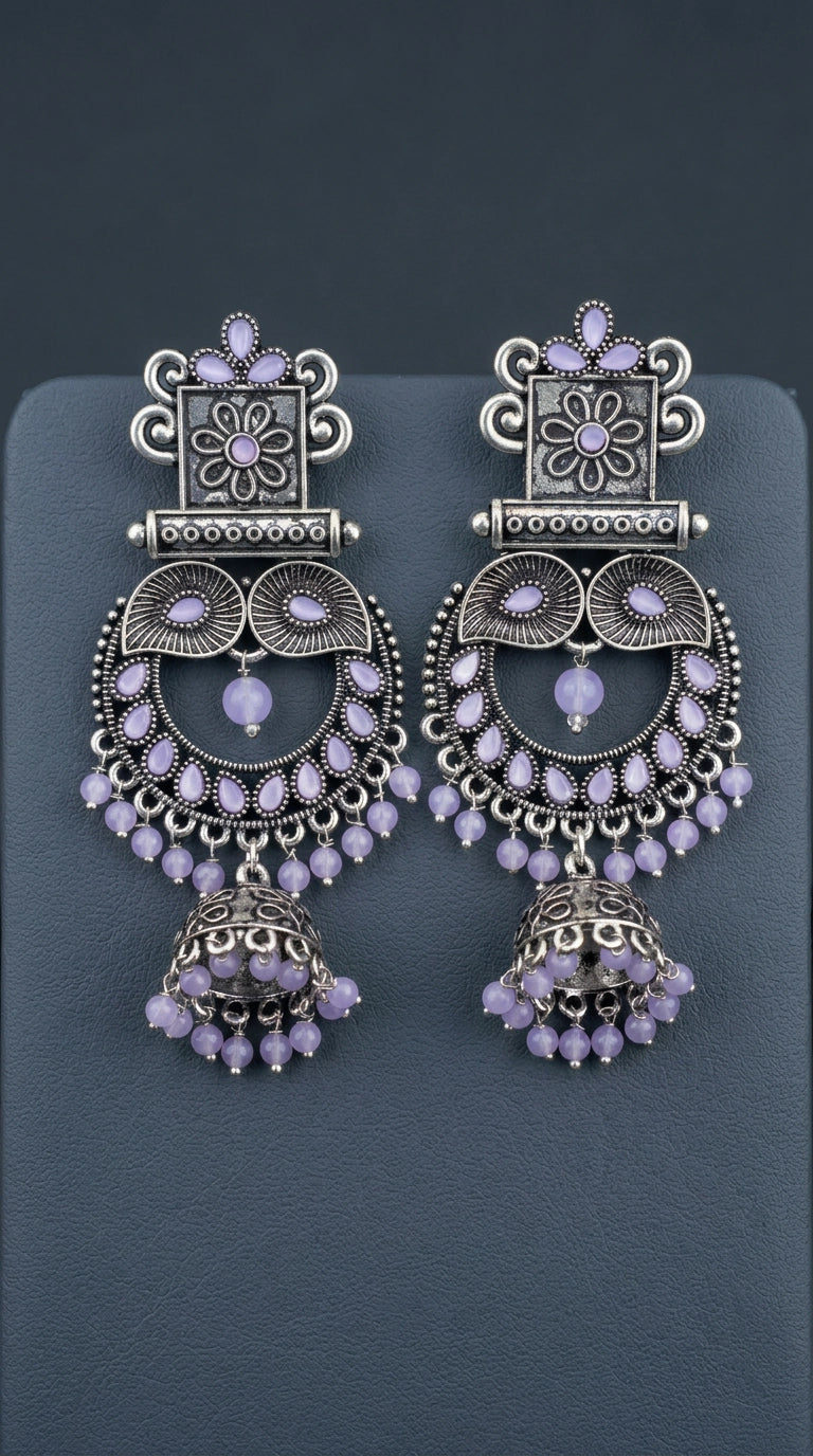 Light Lavender Oxidised Silver Square Statement Earrings with Floral Motif and Stone Detail - Light Lavender