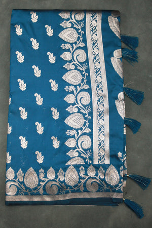 Peacock Blue Banarasi Zari Saree with Floral & Mango Motifs and Rich Border Pallu