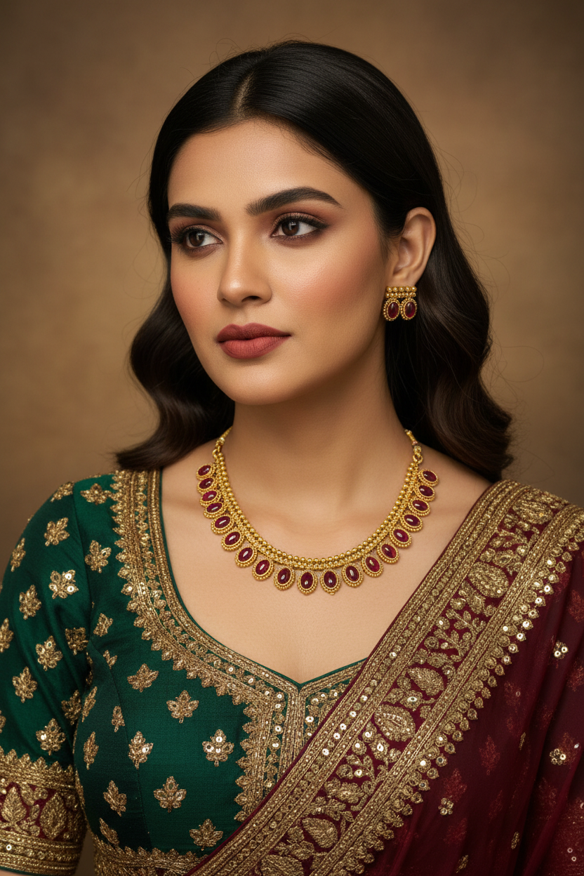 Pink Traditional Gold-Tone Necklace Set with Oval