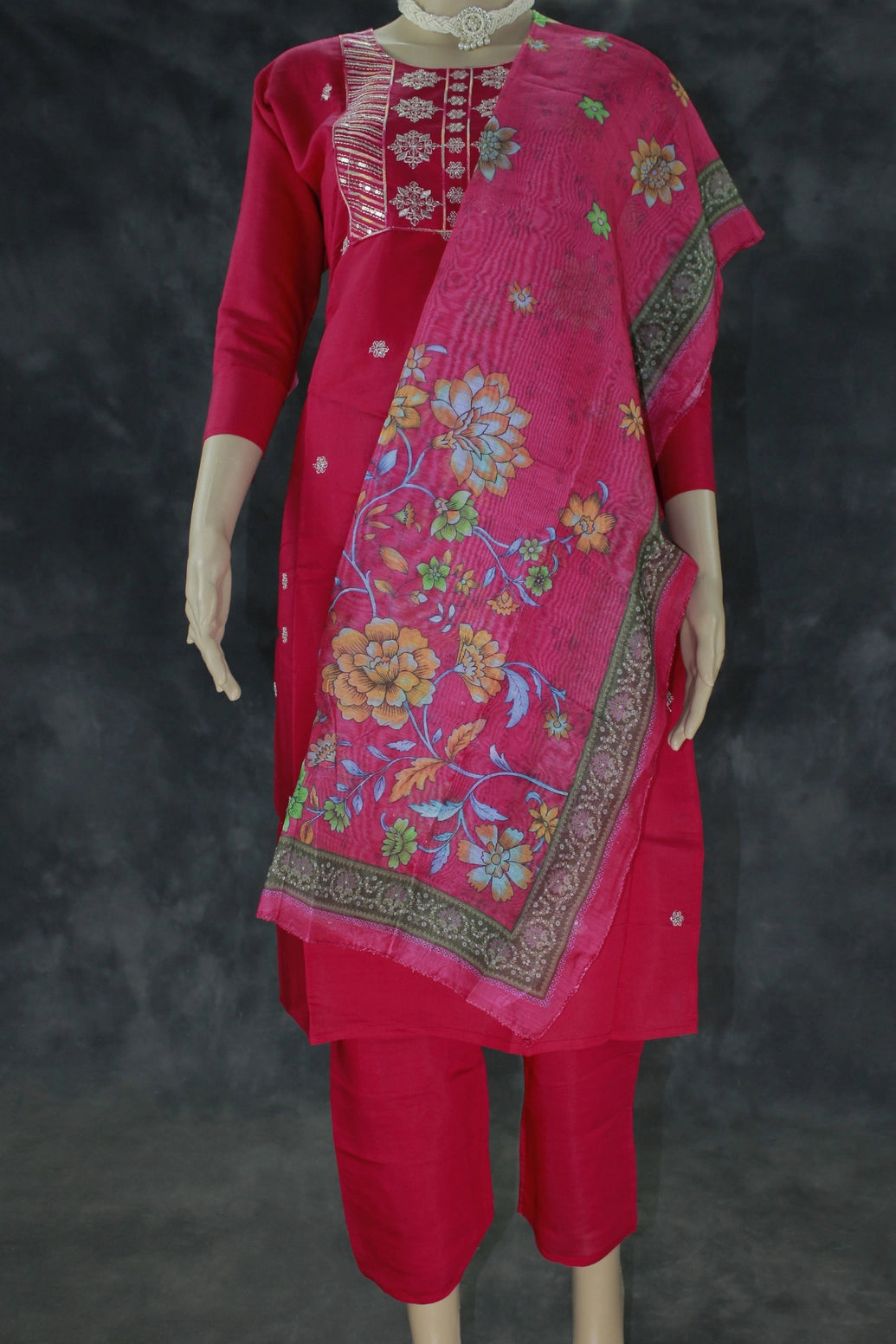 Pink Roman Silk Embroidered Kurti Set - 3-Piece with Bead Handwork & Digital Floral Dupatta Kurti JCS Fashions Pink Large (40)