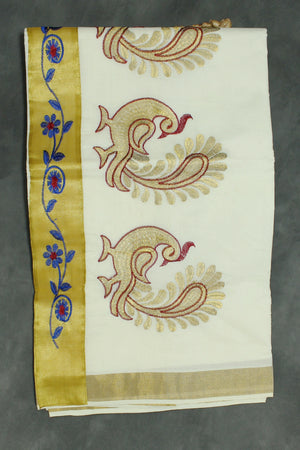 Pure Kerala Cotton White Saree with Gold Zari Peacock Embroidery Pallu – Blouse Piece Included