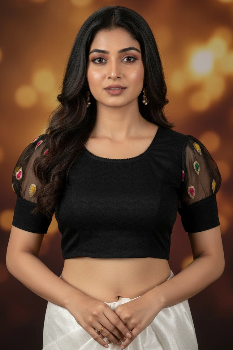 Black Readymade Stretchable Designer Blouse with Puff Sleeves and Zari Motifs for Saree and Ethnic Wear - Black
