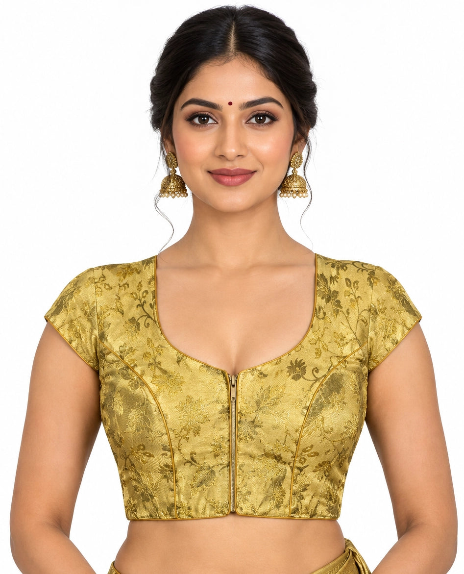 Sandal Readymade Padded Designer Blouse with Floral Weave, V-Neck, Short Sleeves for Sari Choli Wedding Wear - Sandal
