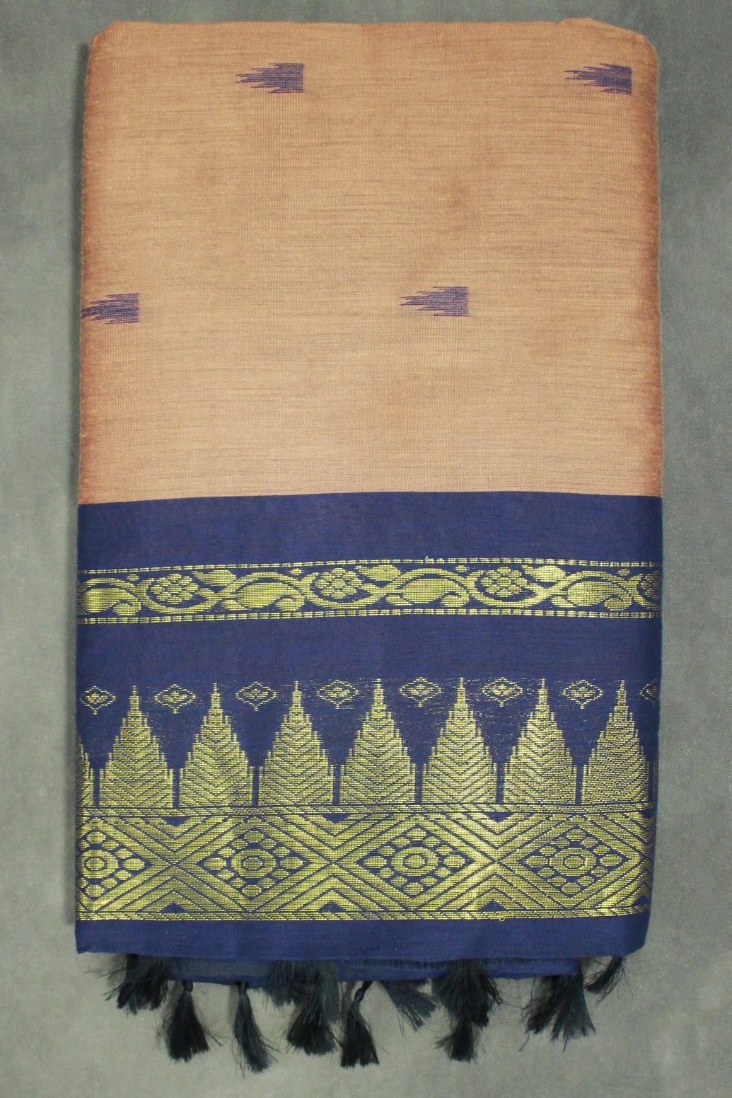 Brown Kalyani Cotton Saree with Puttas Design and Zari Border, Blouse Included - Brown