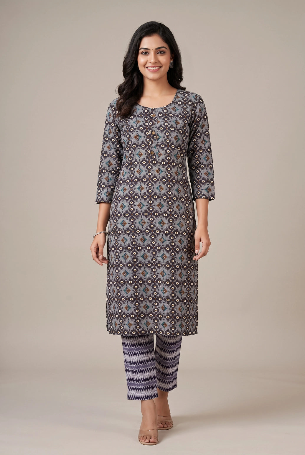 Grey Rayon Kurti Pant Set with Geometric Foil Print, Round Neck 3/4 Sleeves and Elastic Waist - Grey