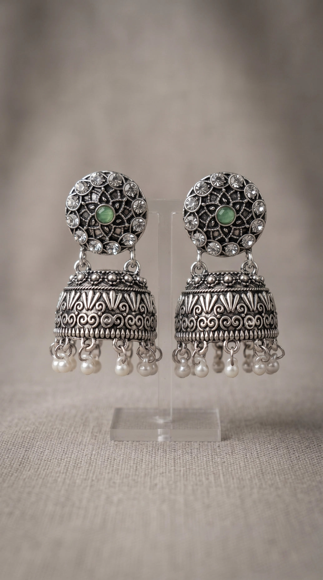 Oxidized Silver-Tone Jhumka Earrings with Studded Stones and Pearl Drops