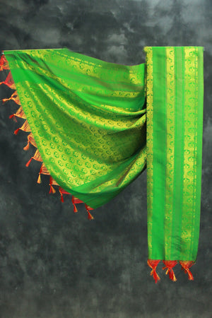 Forest Green Ponnadai Poly Silk Jacquard Temple Shawl with Zari Pattern & Tassels for Functions, 2m Dupatta