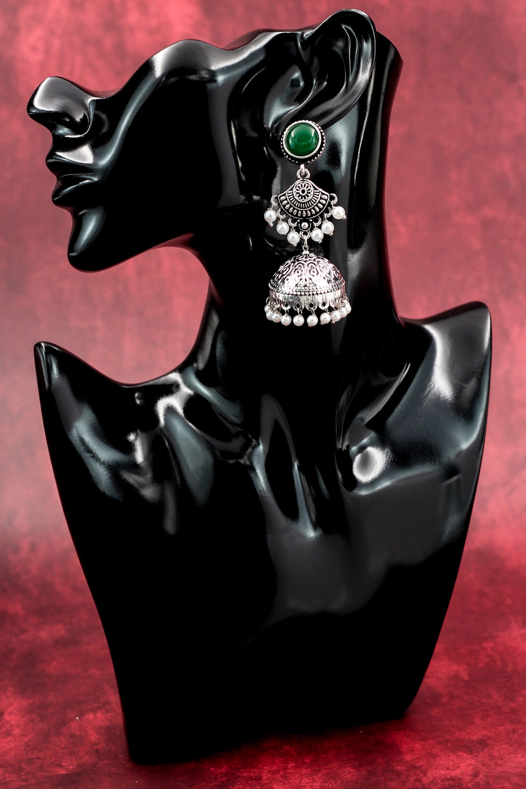 Oxidised Silver-Tone Green Stone Pearl Jhumka Earrings - Long Ethnic Stud Jhumki, 2.8 inch Jewelry JCS Fashions Green 2.8 inch
