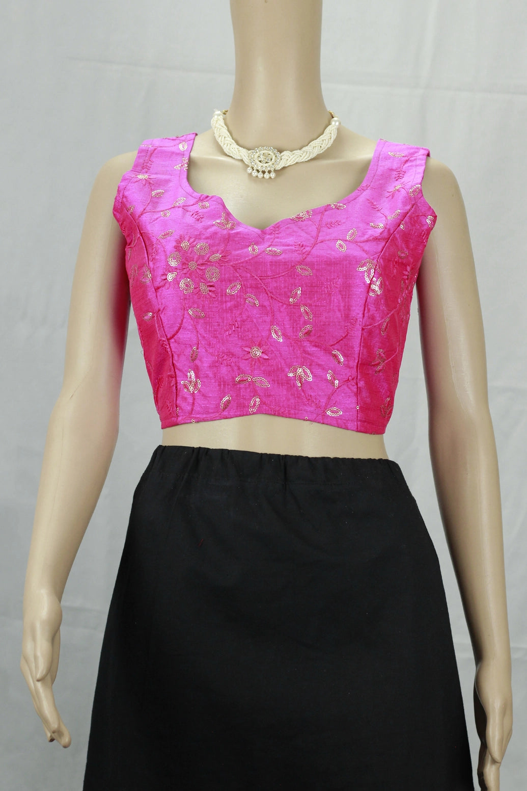 Pink Readymade Designer Padded Blouse with Embroidery, Sleeveless Back Knot and Fully Stitched Finish - Pink