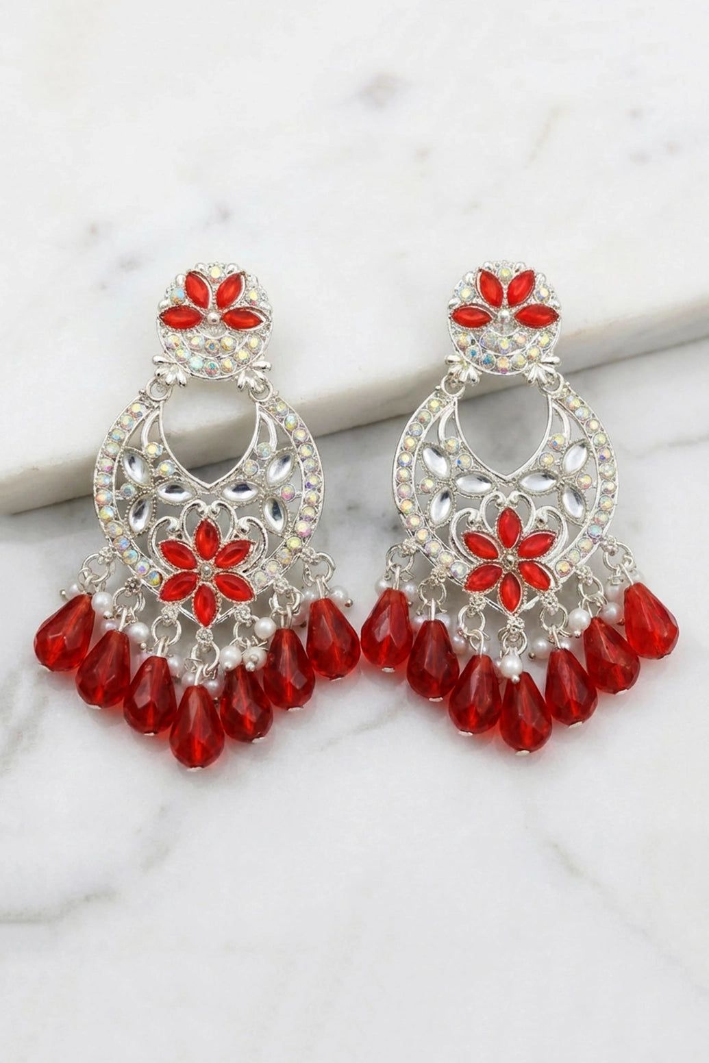 Red Floral Silver-Tone Stone Hoop Earrings with Crescent Center and Bead Danglers for Women - Red