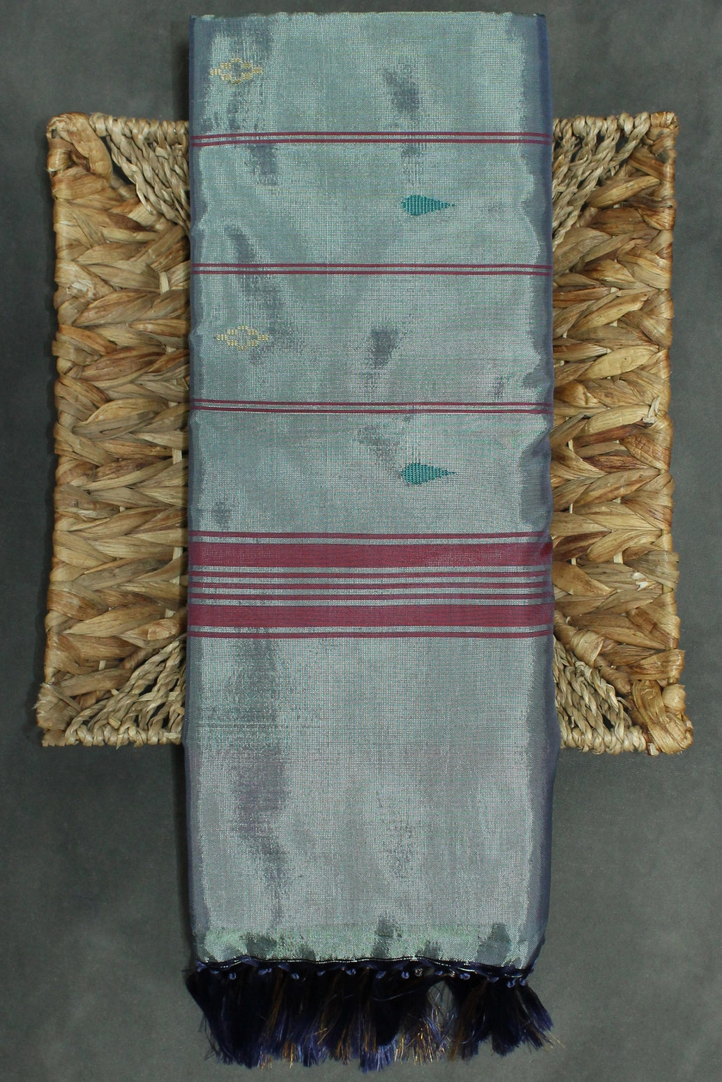 Steel Grey Vaazhai Naar (Banana Pith) Saree with Zari Border and Pink Pallu - Steel