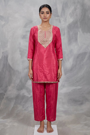 Pink Satin Kurti Set with Silver Geometric Embroidery and Elastic Waist Pant (2-Piece)
