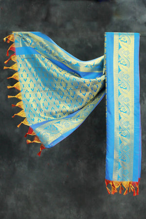 Blue Zari Pattu Shawl (Ponnadai) for Arangetram and Events, Traditional Silk-Style Tassels
