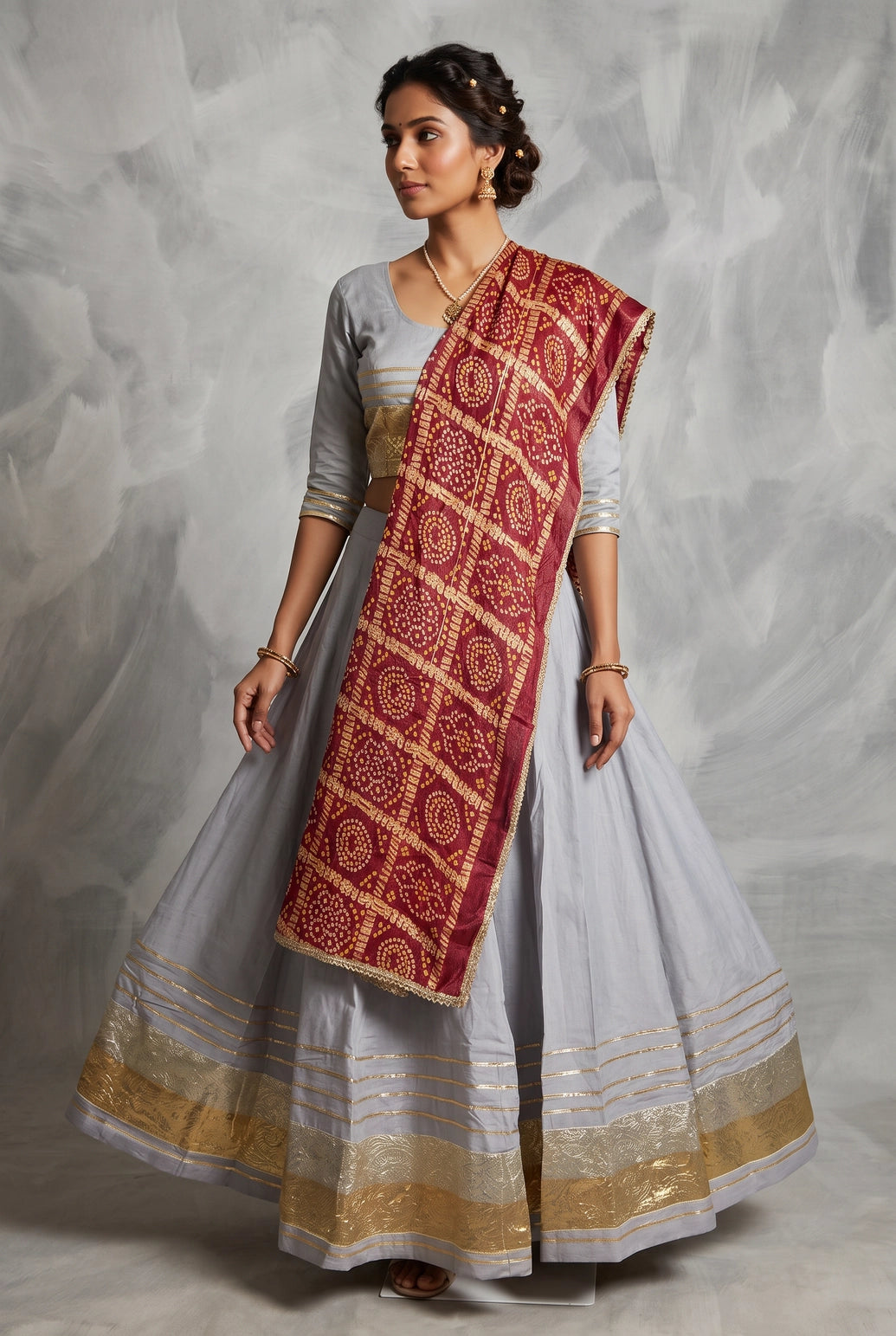 Designer Navratri Chaniya Choli with Gold-Silver Tissue Border and Plain Silk Lehenga - Grey Party Wear - Grey