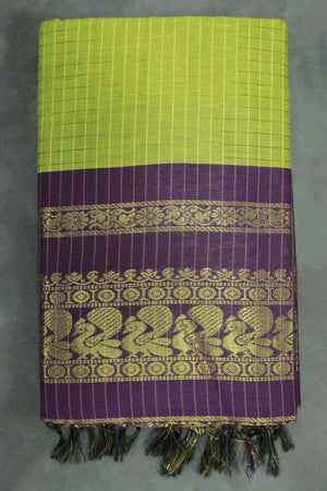 Green Kalyani Cotton Saree with Zari Checked & Peacock Border, Comes with Blouse