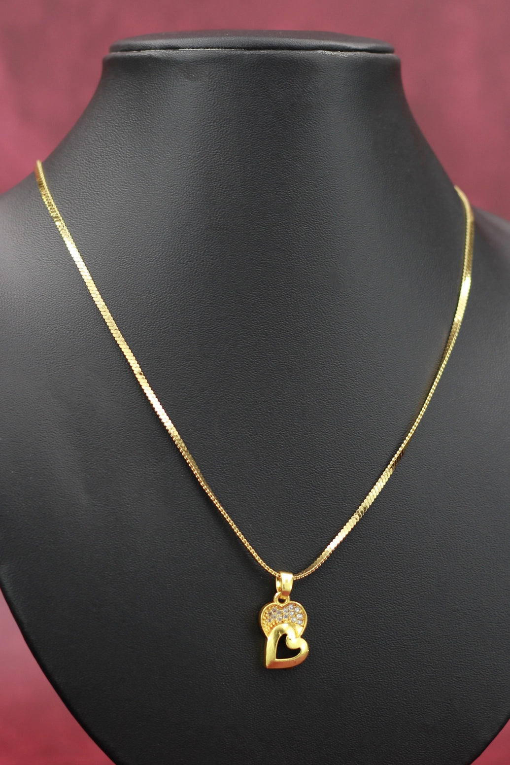 Gold-Tone Textured Chain Necklace with Double Heart Pendant for Women, Pendant Necklace - Gold