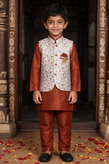 Boys Rust Orange Koti Kurta Set (3-Piece) with Printed Nehru Koti and Geometric Floral Motifs