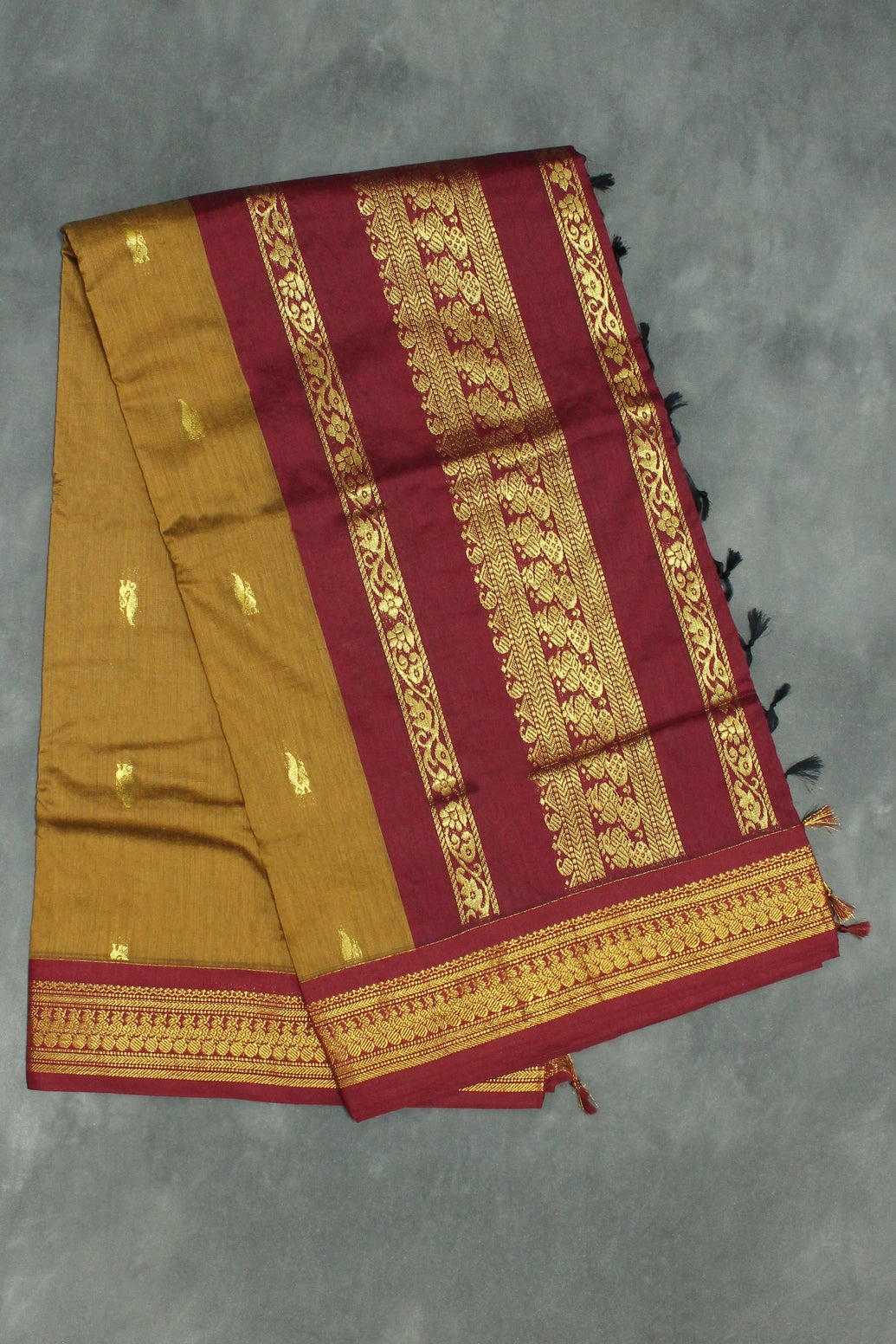 Silk Cotton Brown Saree with Maroon Grand Pallu and Thick Zari Border - Brown